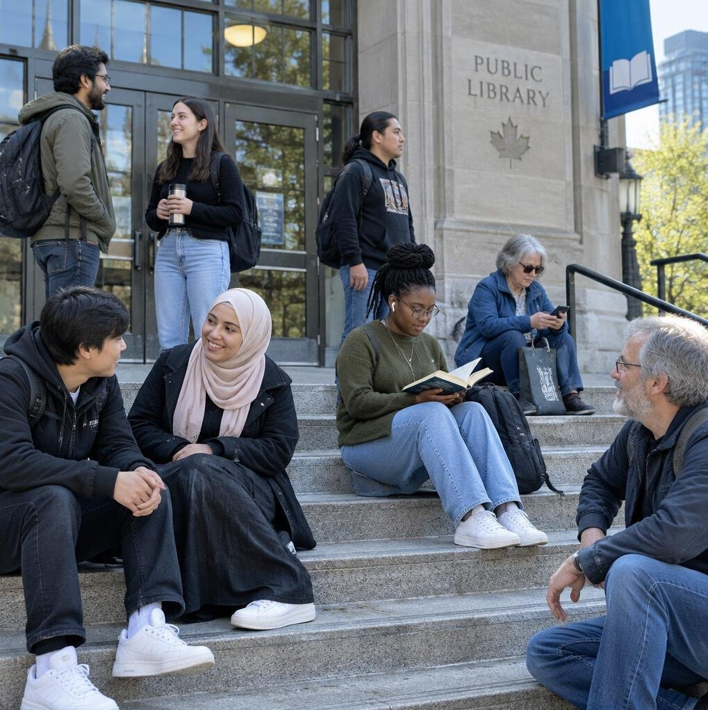 People gathered on the steps of a public library