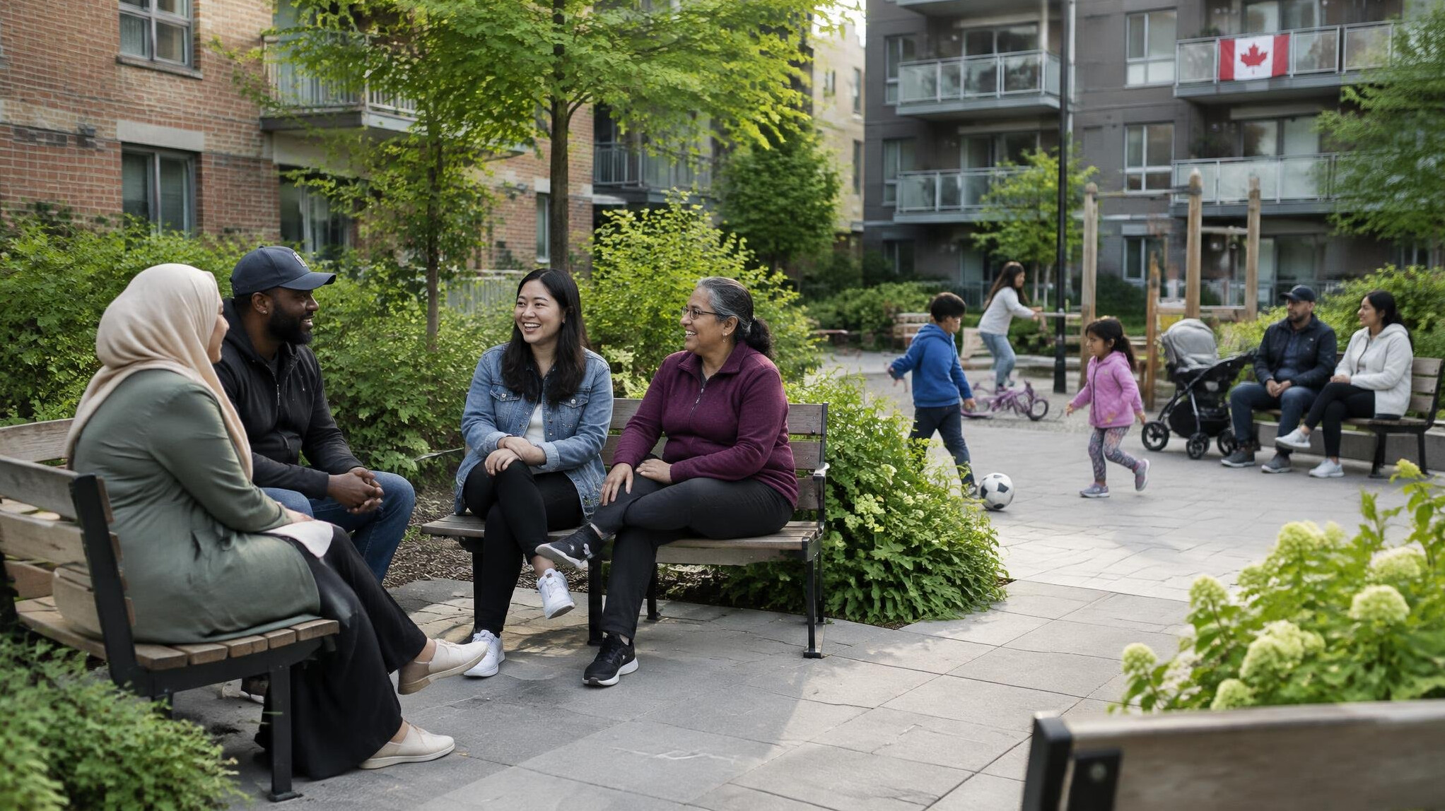 Shared courtyard between apartment buildings with residents gathered