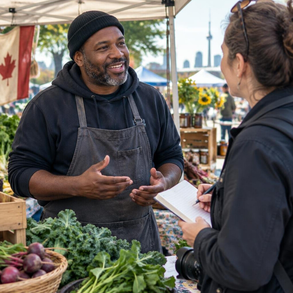 Photographer talking with a local vendor at a market stall