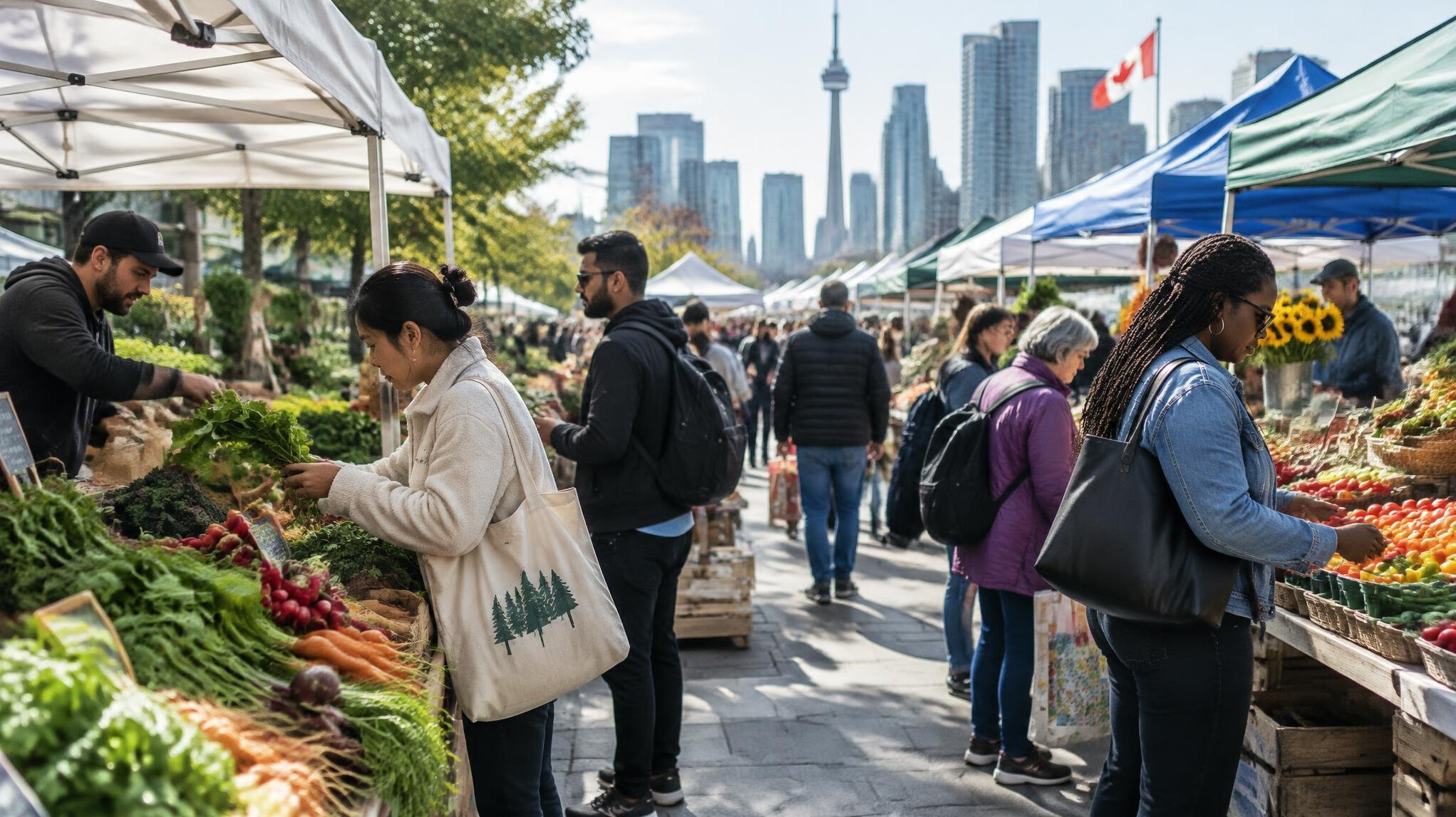 Outdoor farmers market with vendors and shoppers in Canada