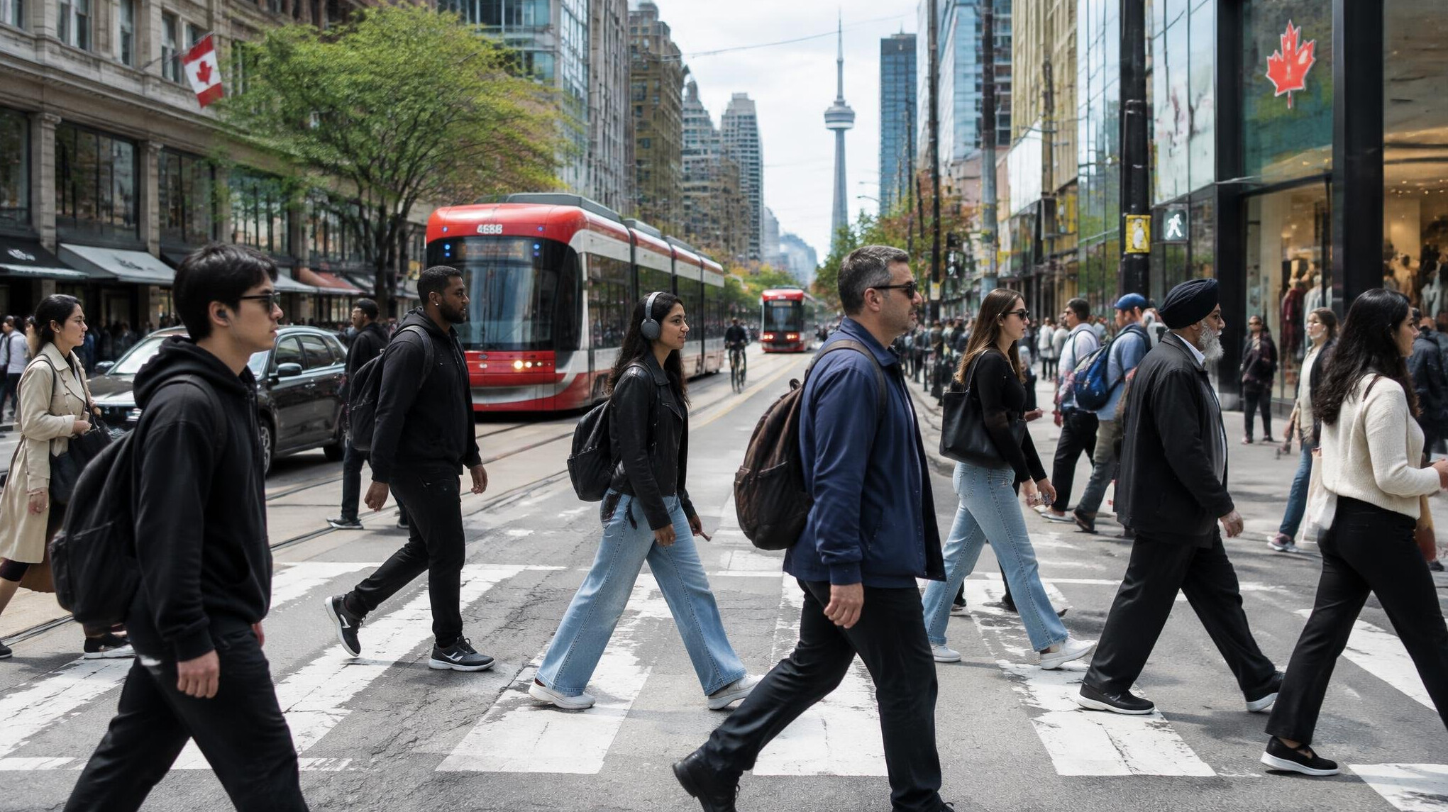 Busy downtown street in a Canadian city with pedestrians crossing