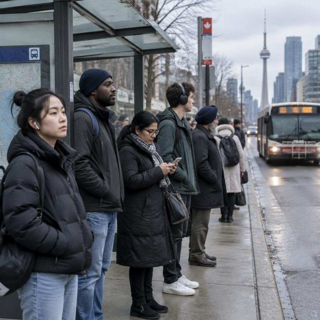 People waiting at a city bus stop in Canada