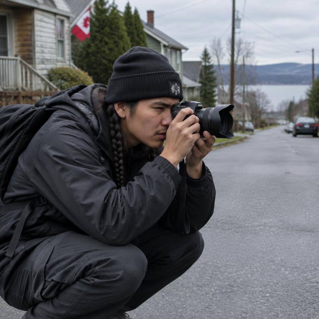 Photographer framing a shot with a camera on a city street