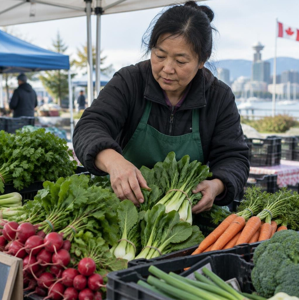 Vendor arranging fresh produce at a market stall