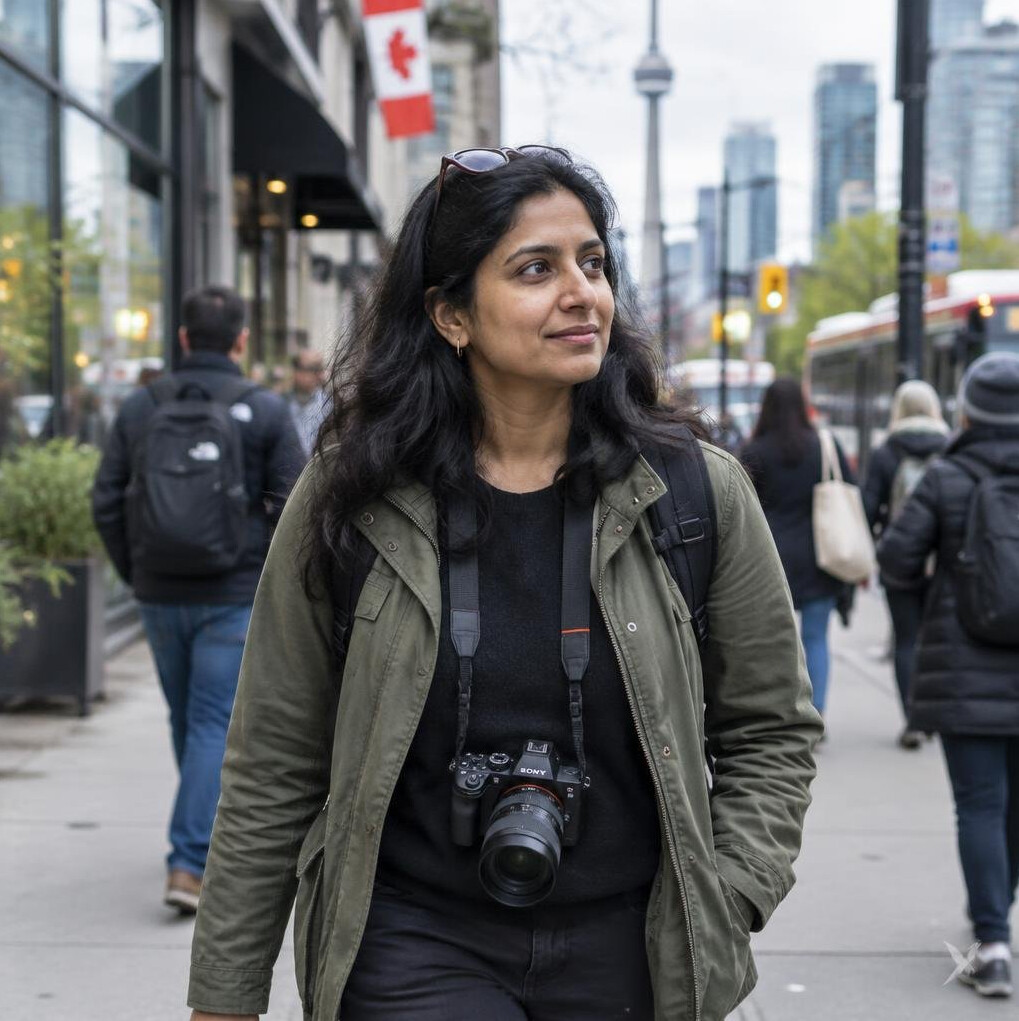 Photographer walking along a city sidewalk with a camera