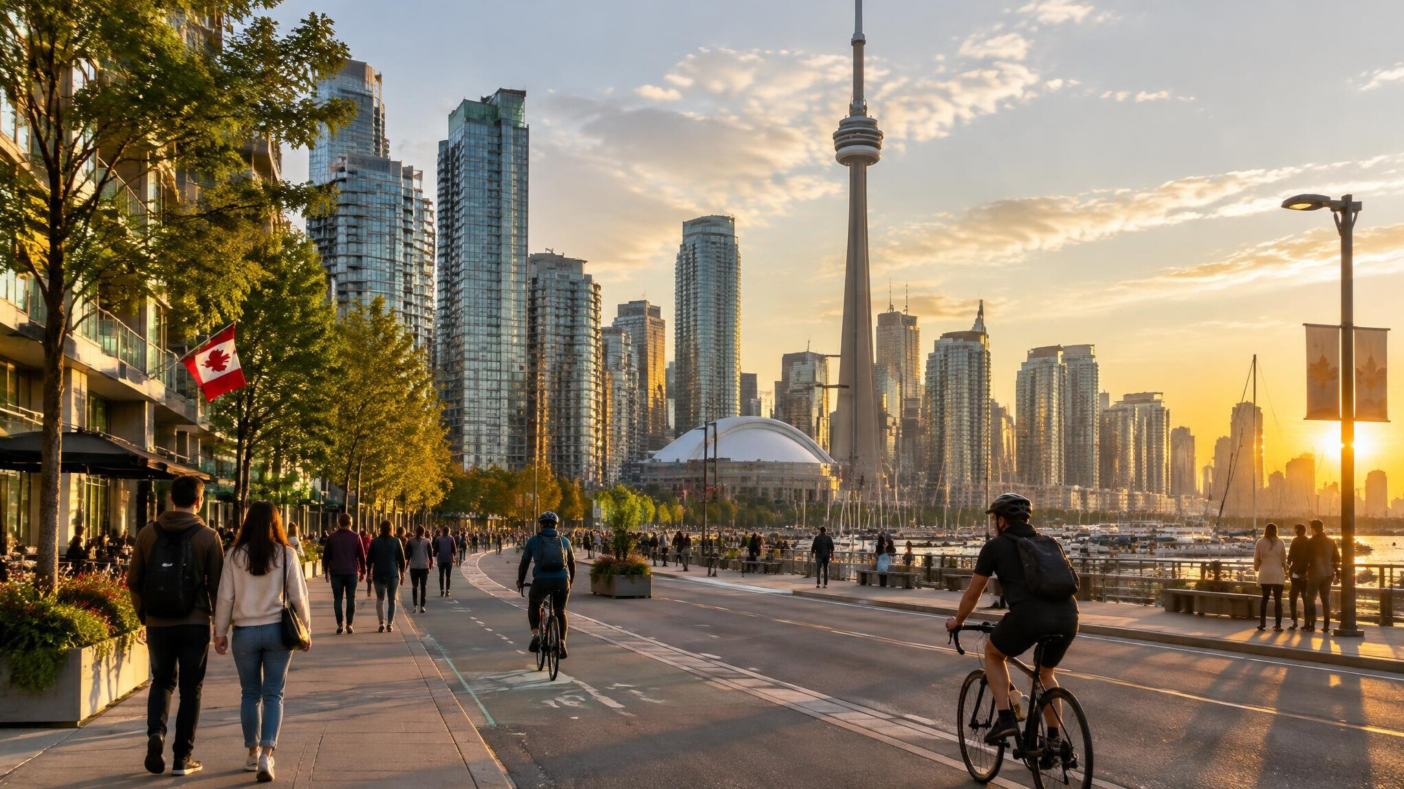 Wide view of a Canadian city skyline at street level