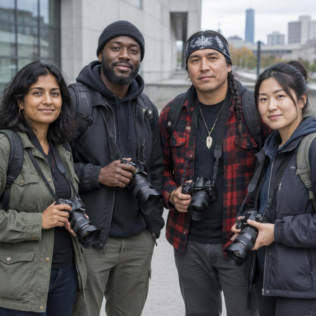 Group of four documentary photographers standing together outdoors